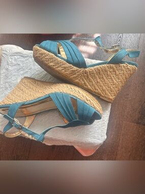 Boho Blue Suede Espadrille Wedges Size 8 Platform Summer Vacation Sandals